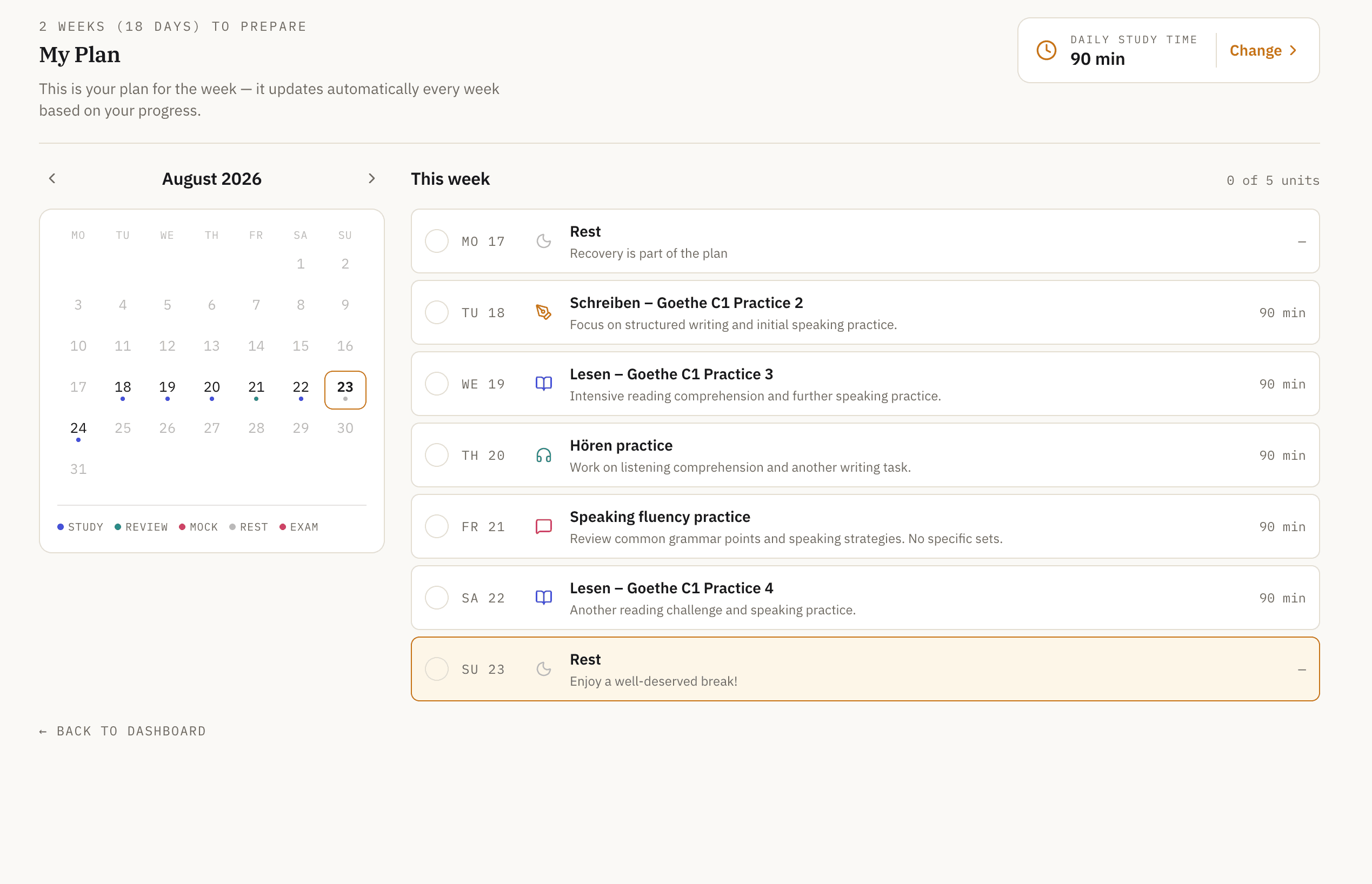 Personal study plan with a weekly calendar and exam preparation tasks