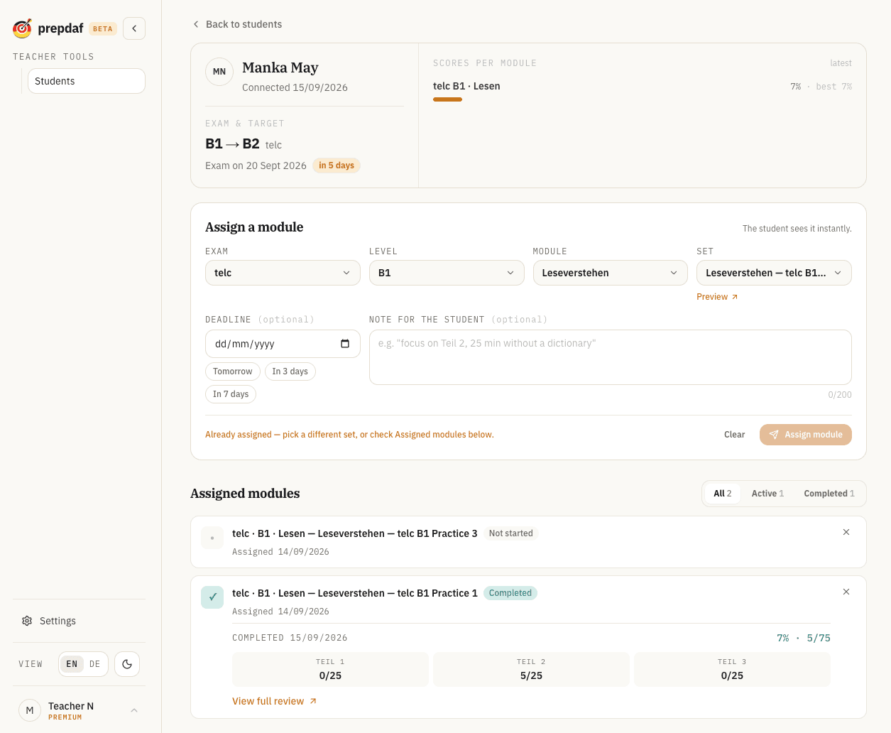 A single student's page: exam target, activity, and assigned modules