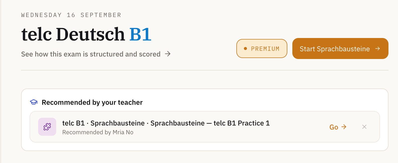 The student's own view: the module their teacher recommended, flagged and ready to start